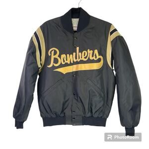 Bombers Jacket Small DeLong Black Gold Varsity Jacket Coat Embroidered Logo VTG